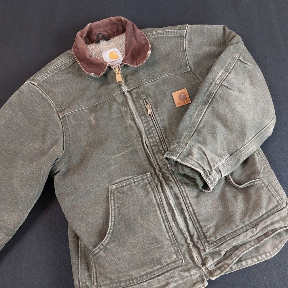 Carhartt Sherpa Lined Canvas Jacket Youth Boys Med. Green YYC81 MOS